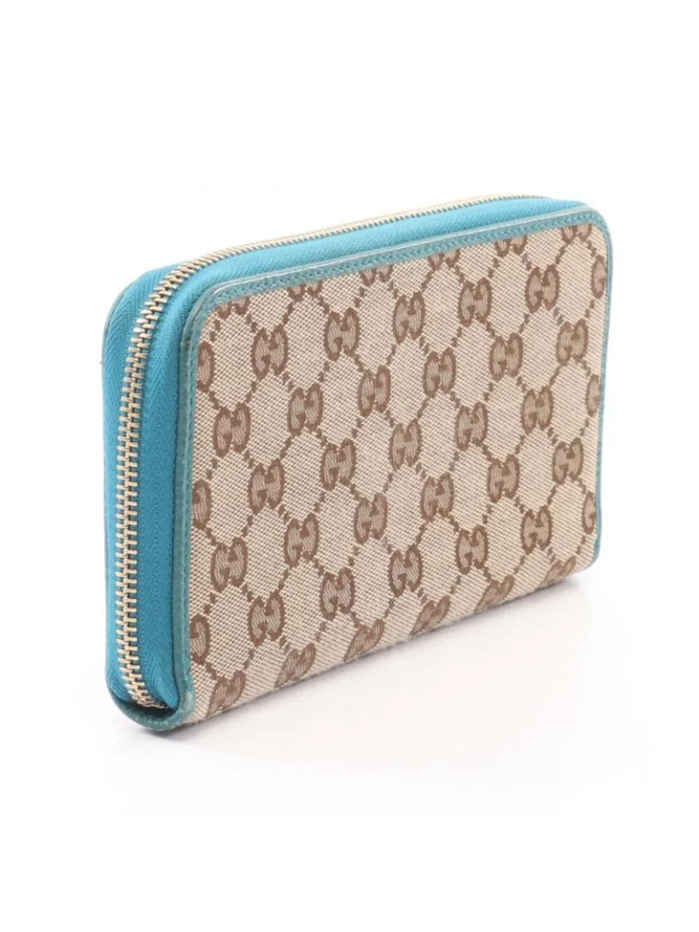 Gucci Round Length Wallet GG Canvas Beige Blue Zip Around